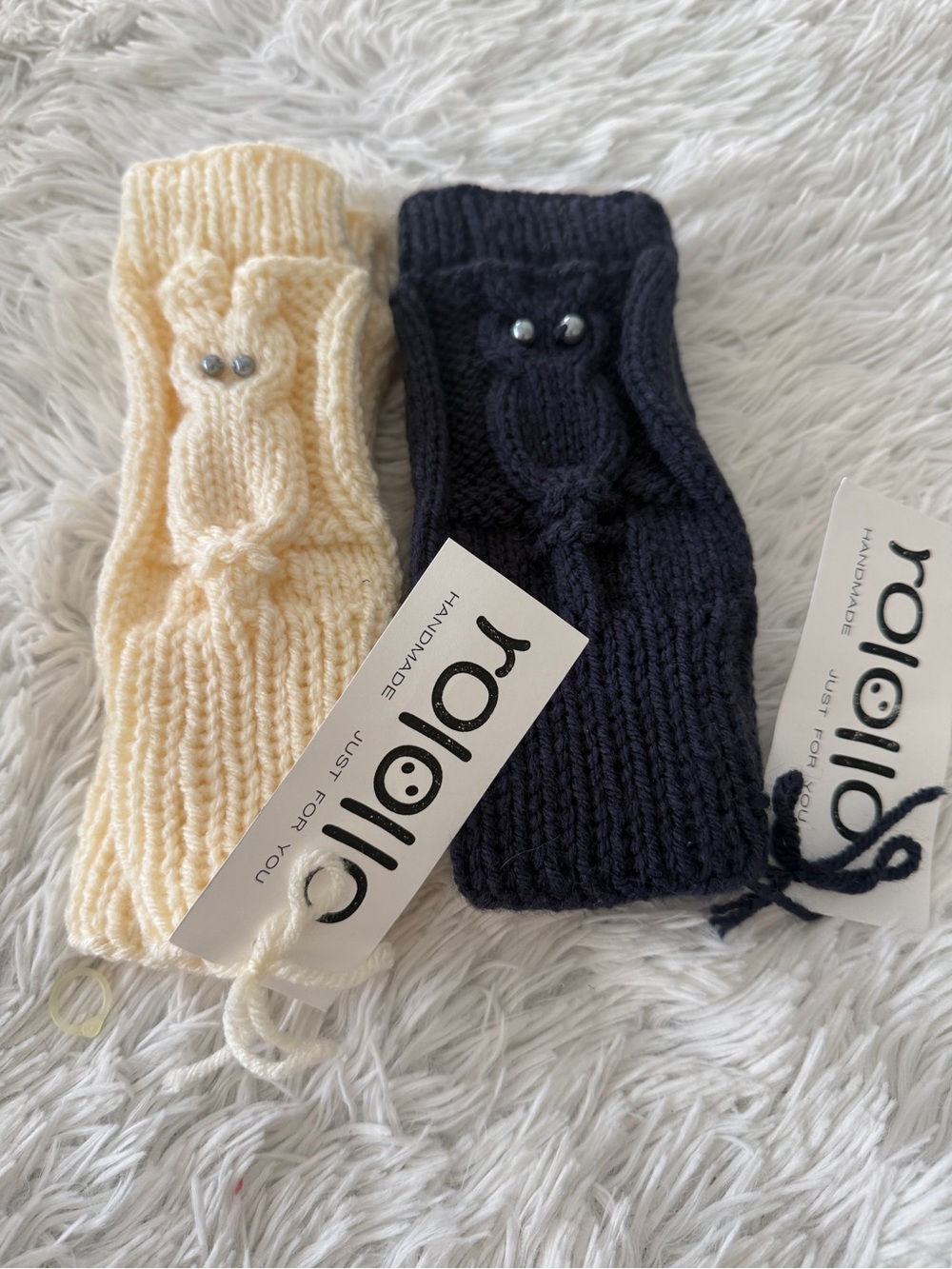 Fingerless Knitted Owl Wrist Warmers x2 pairs Cream & Navy